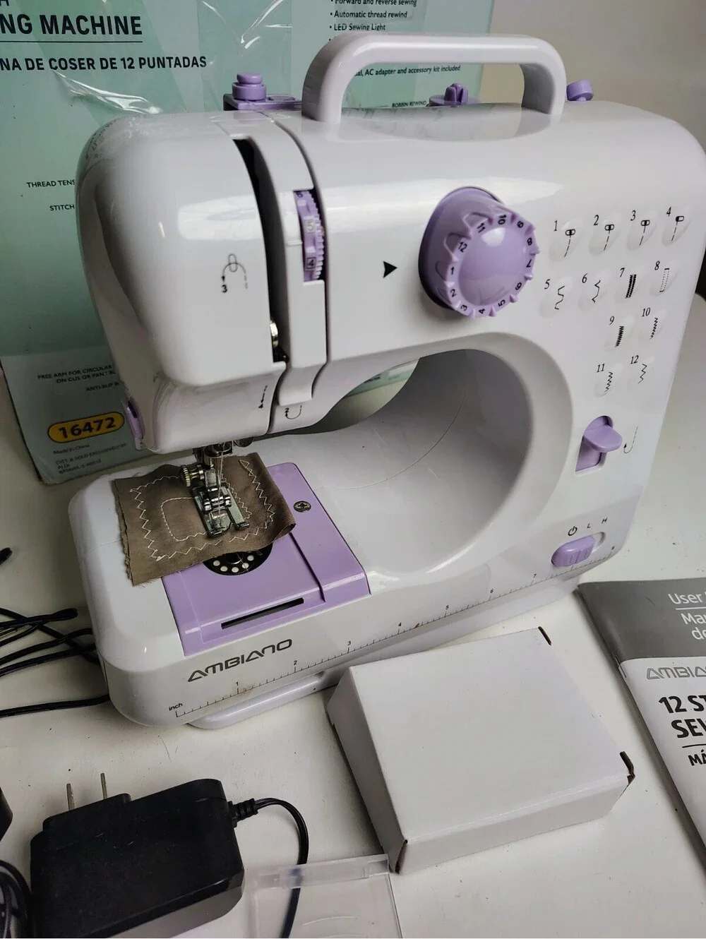 Ambiano 12 Stitch Sewing Machine Portable Compact Kit 16472 White Purple